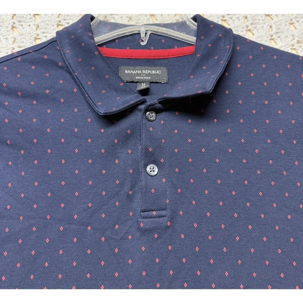 Banana Republic Dress Polo Shirt Men Sz M Navy Blue Red Polka Dot Collar Casual